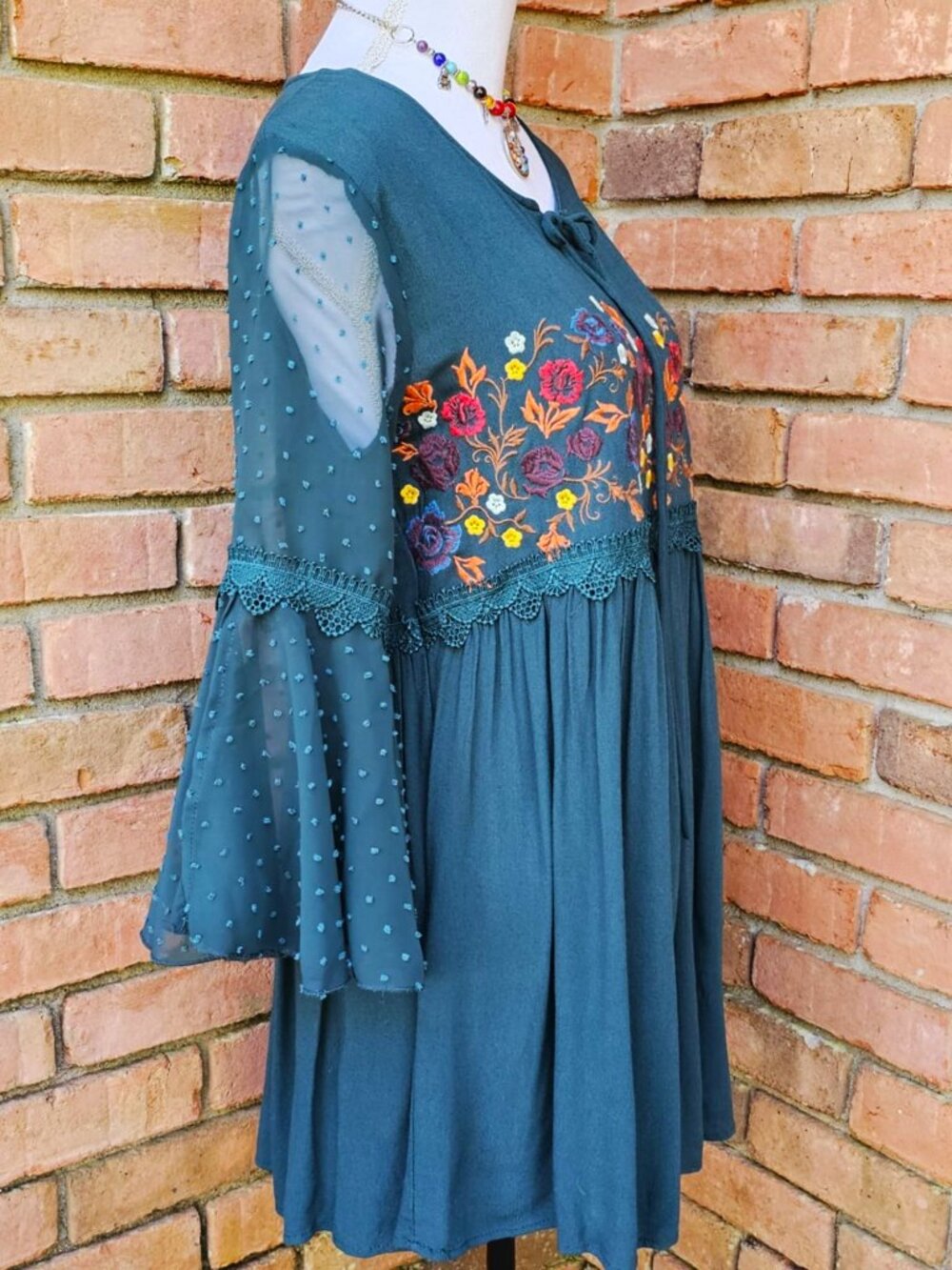 Altar'd State Brand Dress. Teal Green Floral Embroidered Swiss Dot. Size Small - Picture 5 of 13
